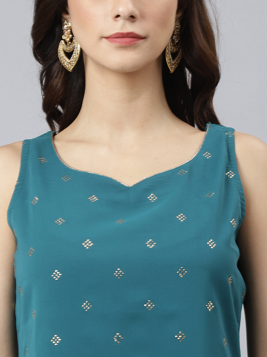 Janasya Women's Teal Georgette Embossed Gold Print Top With Gharara And Dupatta