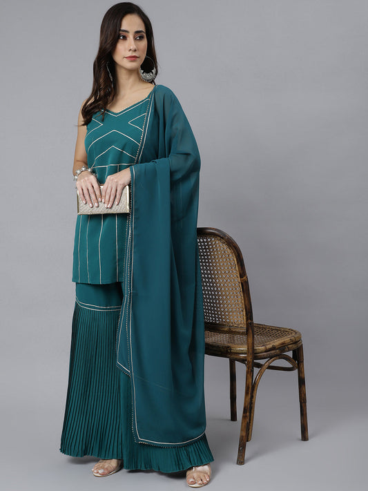 Janasya Women's Teal Green Crepe Gotta Lace Kurta With Sharara And Dupatta