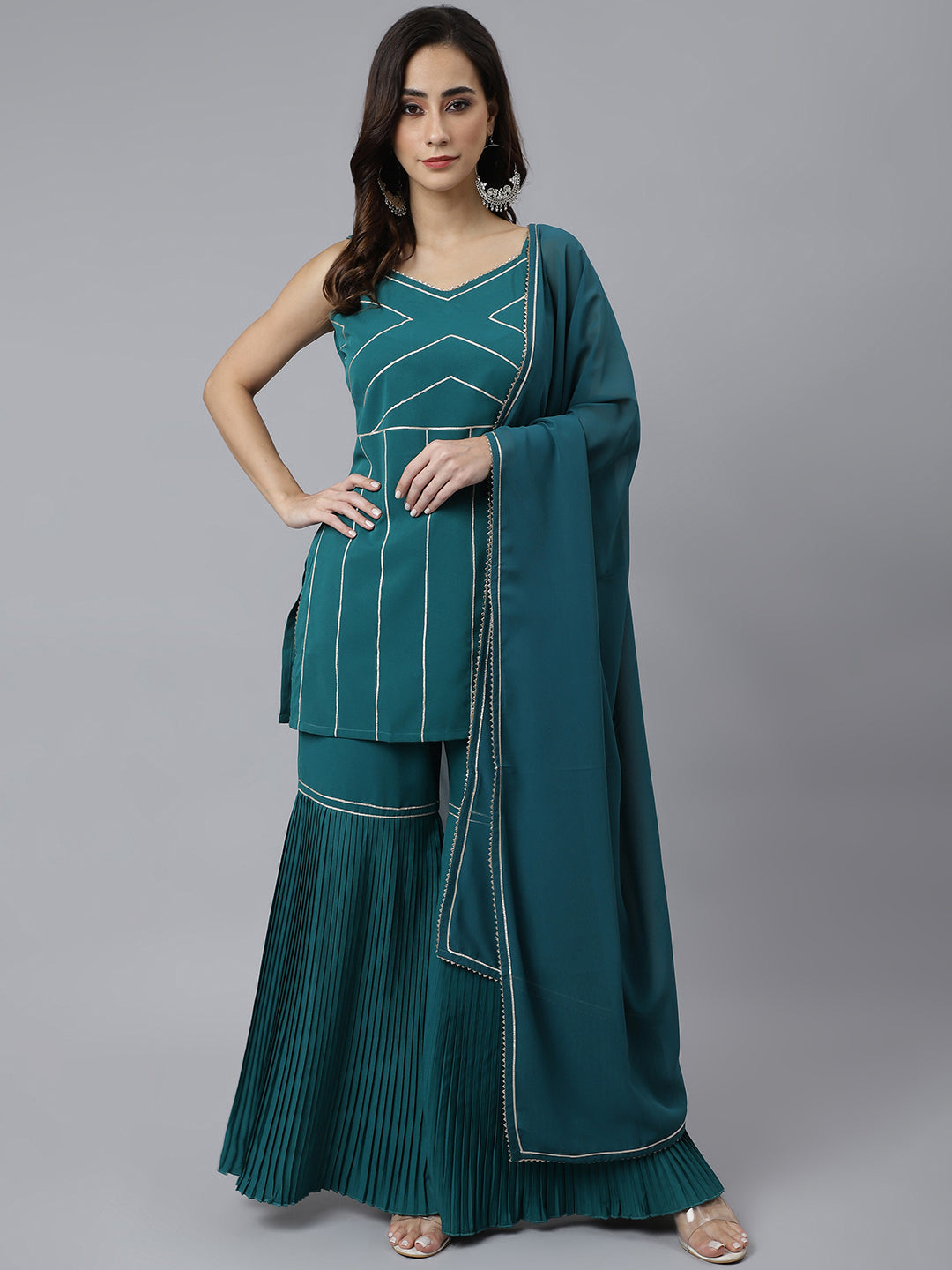 Janasya Women's Teal Green Crepe Gotta Lace Kurta With Sharara And Dupatta