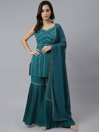 Janasya Women's Teal Green Crepe Gotta Lace Kurta With Sharara And Dupatta