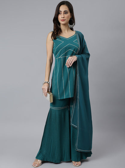 Janasya Women's Teal Green Crepe Gotta Lace Kurta With Sharara And Dupatta