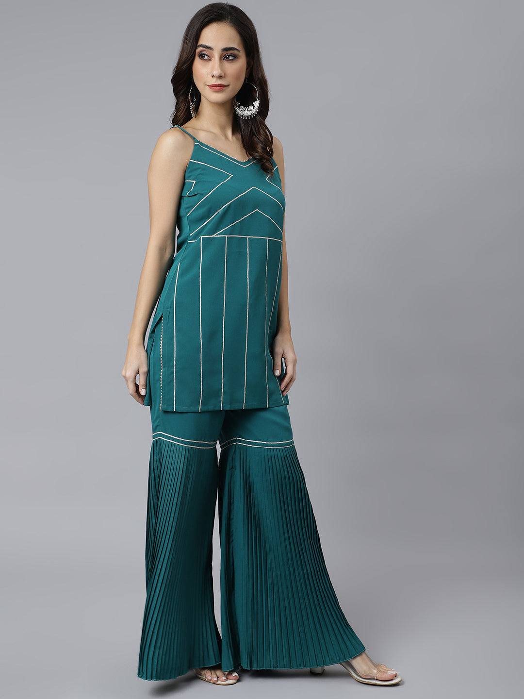 Janasya Women's Teal Green Crepe Gotta Lace Kurta With Sharara And Dupatta