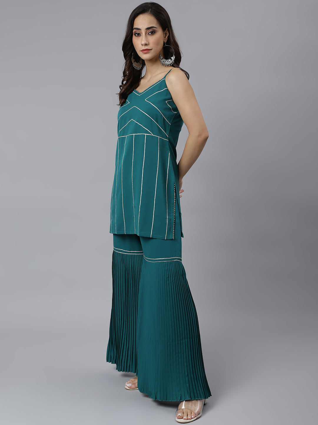 Janasya Women's Teal Green Crepe Gotta Lace Kurta With Sharara And Dupatta