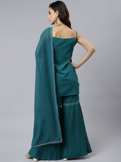Janasya Women's Teal Green Crepe Gotta Lace Kurta With Sharara And Dupatta