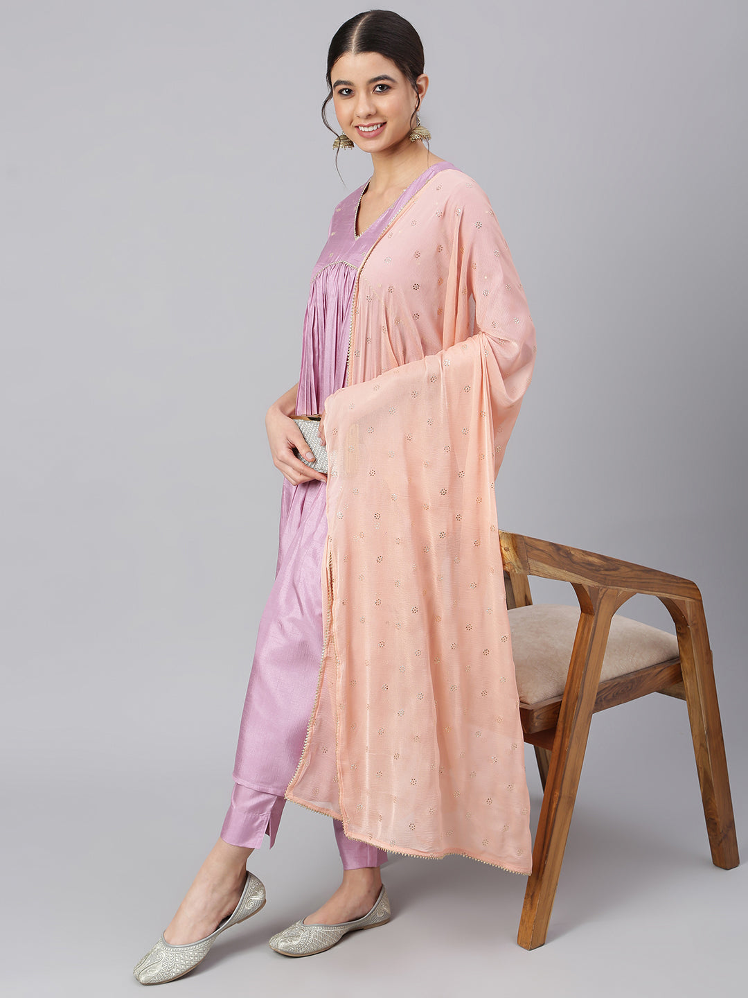 Janasya Women's Mauve Poly Silk Solid Kurta With Pant And Dupatta
