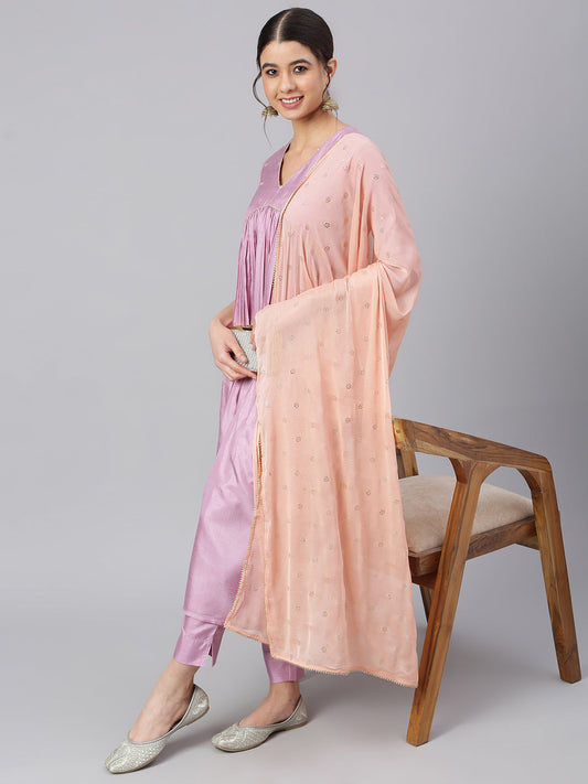 Janasya Women's Mauve Poly Silk Solid Kurta With Pant And Dupatta