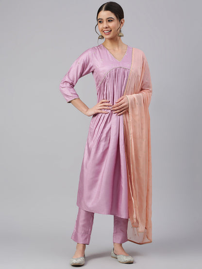 Janasya Women's Mauve Poly Silk Solid Kurta With Pant And Dupatta