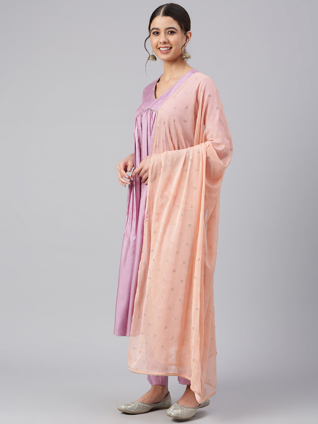Janasya Women's Mauve Poly Silk Solid Kurta With Pant And Dupatta