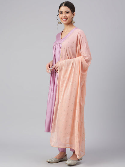 Janasya Women's Mauve Poly Silk Solid Kurta With Pant And Dupatta