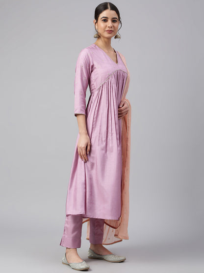 Janasya Women's Mauve Poly Silk Solid Kurta With Pant And Dupatta