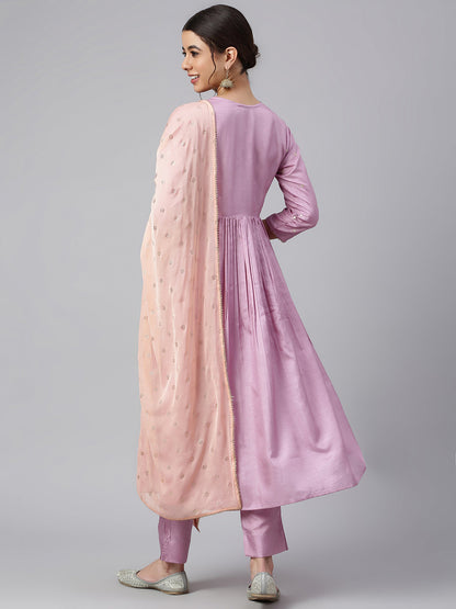 Janasya Women's Mauve Poly Silk Solid Kurta With Pant And Dupatta
