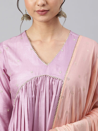 Janasya Women's Mauve Poly Silk Solid Kurta With Pant And Dupatta