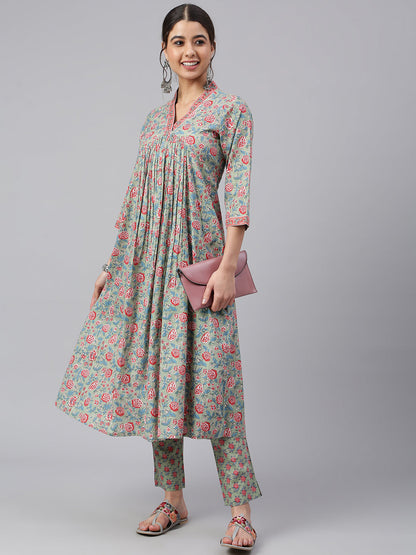 Janasya Women's Sea Green Cotton Floral Print Kurta With Pant