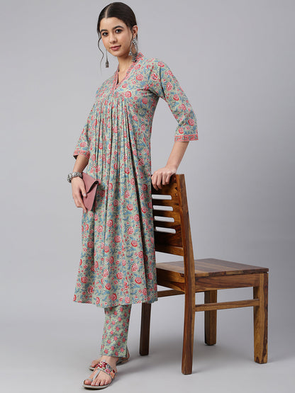 Janasya Women's Sea Green Cotton Floral Print Kurta With Pant