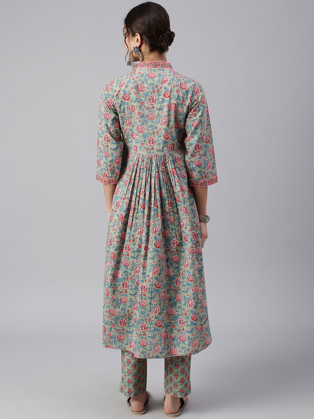 Janasya Women's Sea Green Cotton Floral Print Kurta With Pant