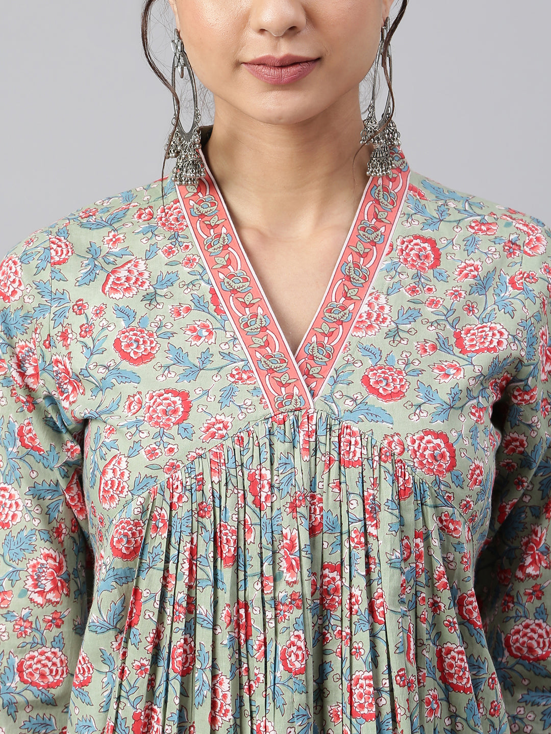 Janasya Women's Sea Green Cotton Floral Print Kurta With Pant