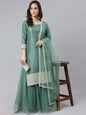Janasya Women's Mint Green Chinon Solid Kurta With Skirt And Dupatta