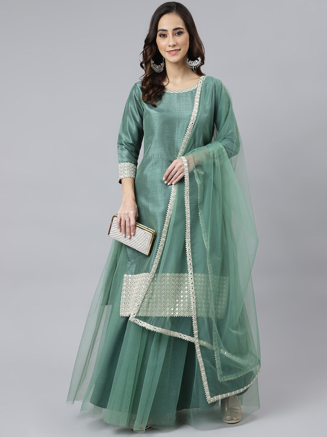 Janasya Women's Mint Green Chinon Solid Kurta With Skirt And Dupatta
