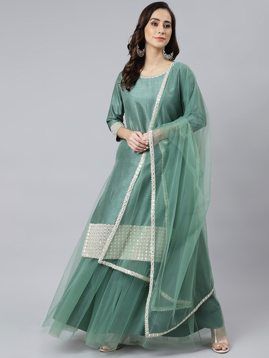 Janasya Women's Mint Green Chinon Solid Kurta With Skirt And Dupatta