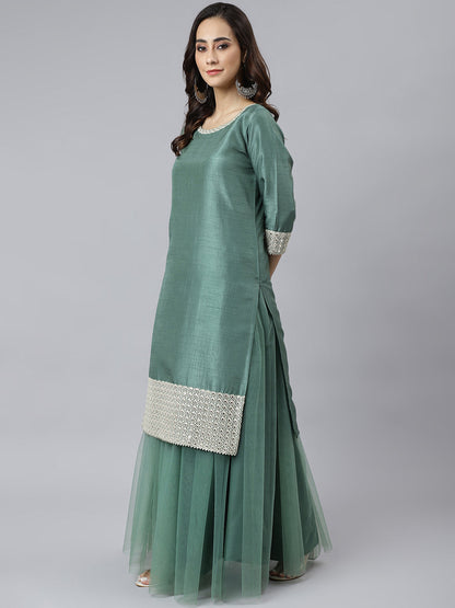 Janasya Women's Mint Green Chinon Solid Kurta With Skirt And Dupatta
