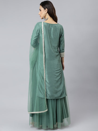 Janasya Women's Mint Green Chinon Solid Kurta With Skirt And Dupatta