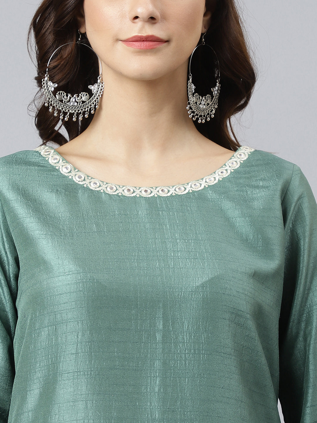 Janasya Women's Mint Green Chinon Solid Kurta With Skirt And Dupatta