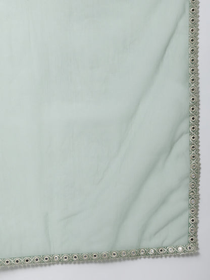 Janasya Women's Mint Green Chinon Solid Kurta With Skirt And Dupatta