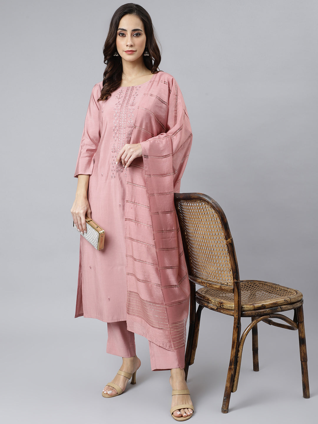 Janasya Women's Light Pink Poly Silk Embroidered Kurta With Pant And Dupatta