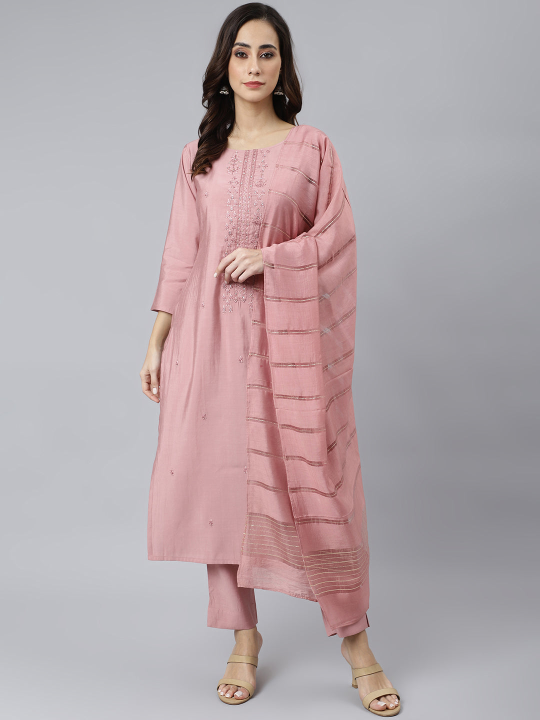 Janasya Women's Light Pink Poly Silk Embroidered Kurta With Pant And Dupatta