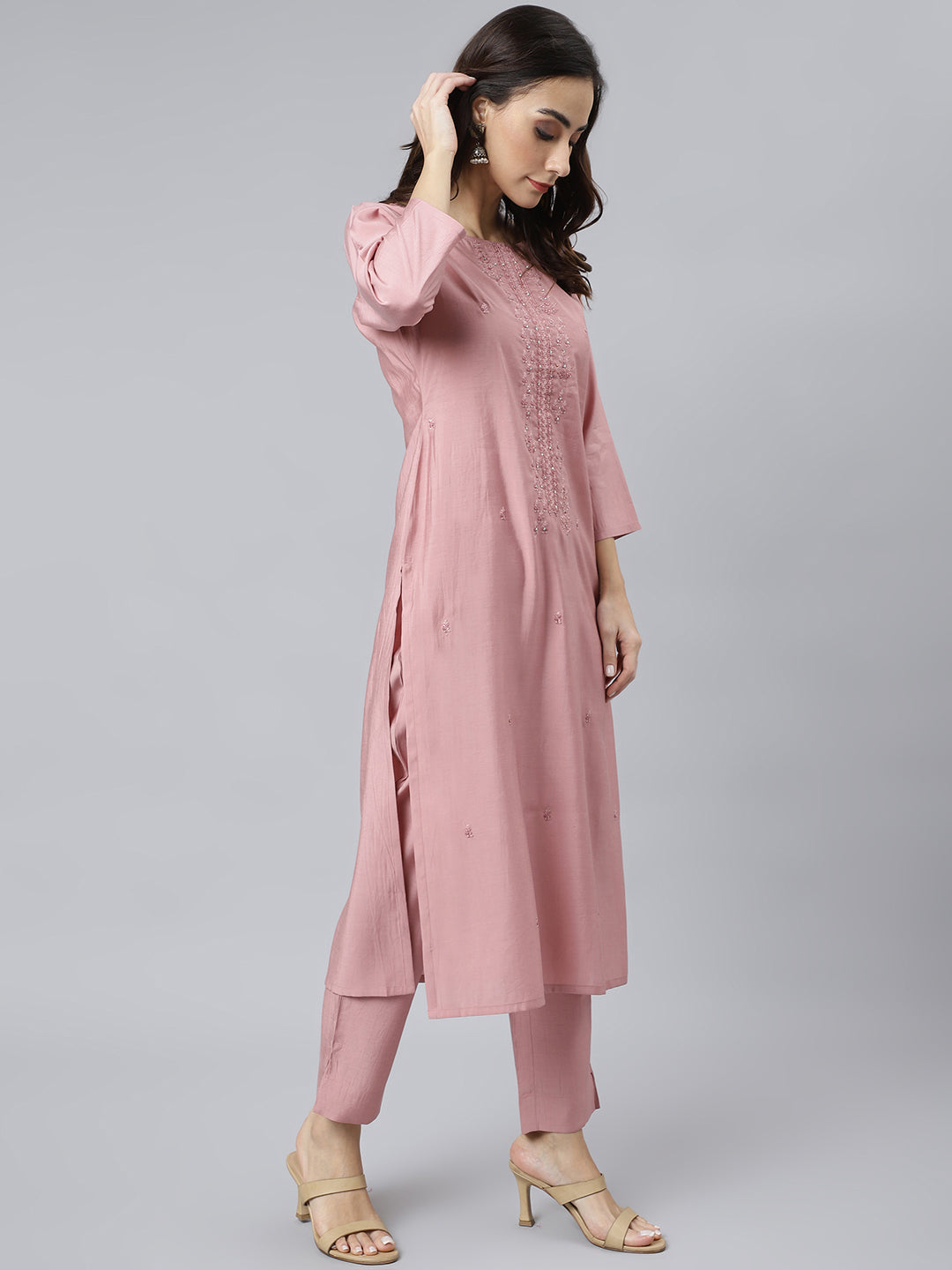 Janasya Women's Light Pink Poly Silk Embroidered Kurta With Pant And Dupatta