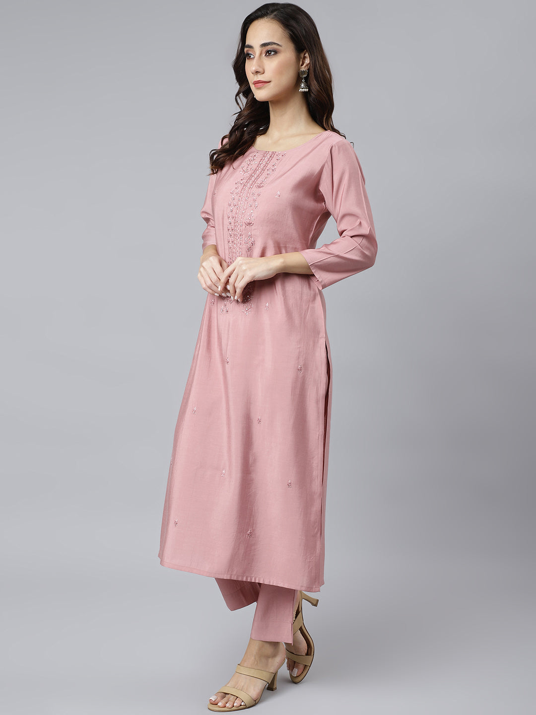 Janasya Women's Light Pink Poly Silk Embroidered Kurta With Pant And Dupatta