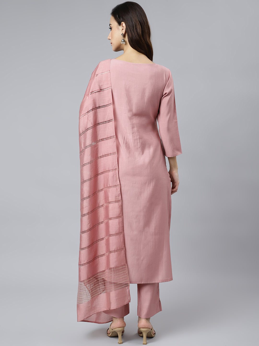 Janasya Women's Light Pink Poly Silk Embroidered Kurta With Pant And Dupatta