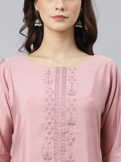 Janasya Women's Light Pink Poly Silk Embroidered Kurta With Pant And Dupatta