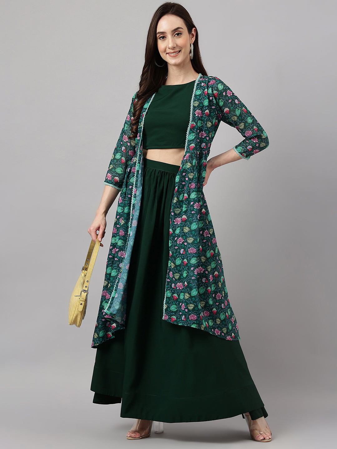 Janasya Women's Green Crepe Solid Crop Top With Skirt And Jacket