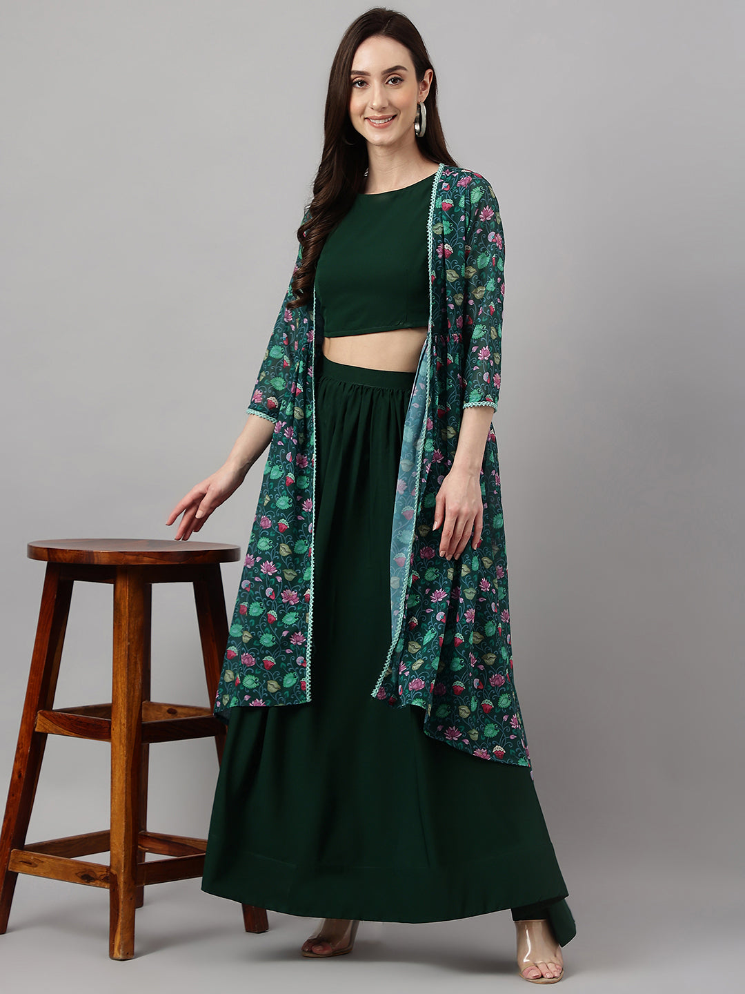 Janasya Women's Green Crepe Solid Crop Top With Skirt And Jacket