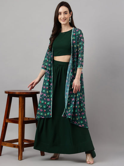 Janasya Women's Green Crepe Solid Crop Top With Skirt And Jacket