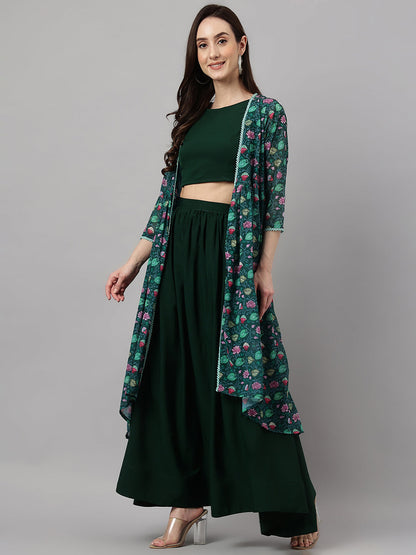 Janasya Women's Green Crepe Solid Crop Top With Skirt And Jacket