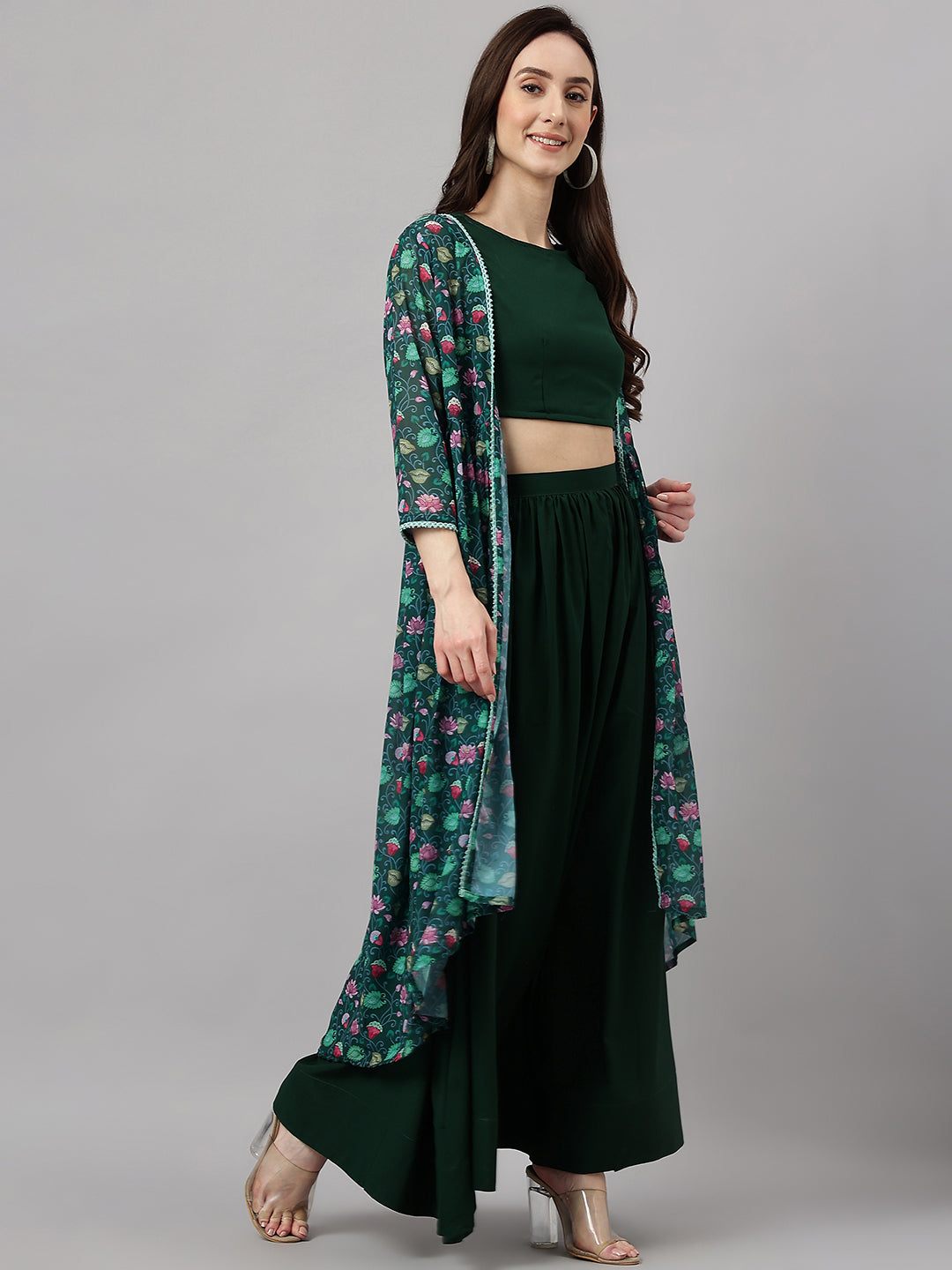 Janasya Women's Green Crepe Solid Crop Top With Skirt And Jacket