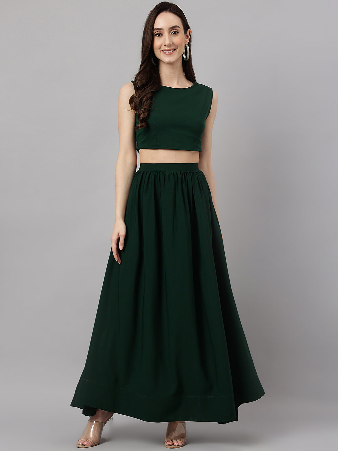 Janasya Women's Green Crepe Solid Crop Top With Skirt And Jacket