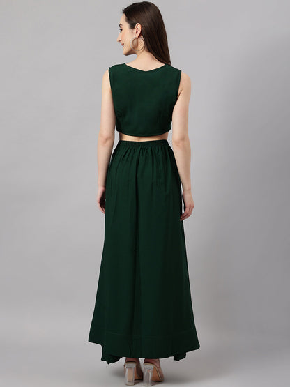 Janasya Women's Green Crepe Solid Crop Top With Skirt And Jacket
