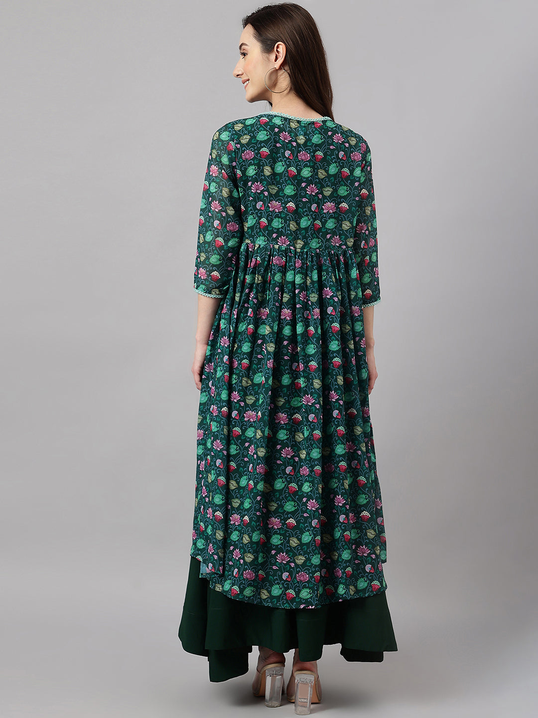 Janasya Women's Green Crepe Solid Crop Top With Skirt And Jacket