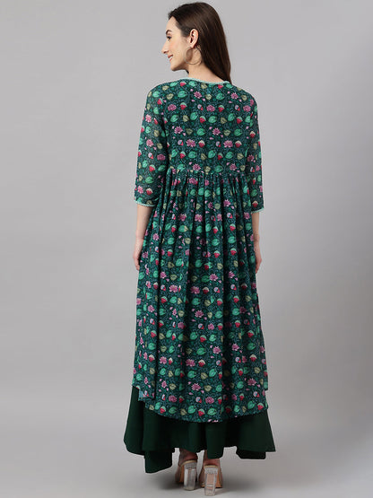 Janasya Women's Green Crepe Solid Crop Top With Skirt And Jacket