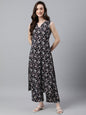 Indian Clothing Janasya Women's Black Cotton Floral Printed Straight Casual Kurta Set