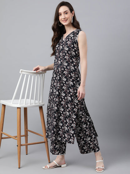 Indian Clothing Janasya Women's Black Cotton Floral Printed Straight Casual Kurta Set