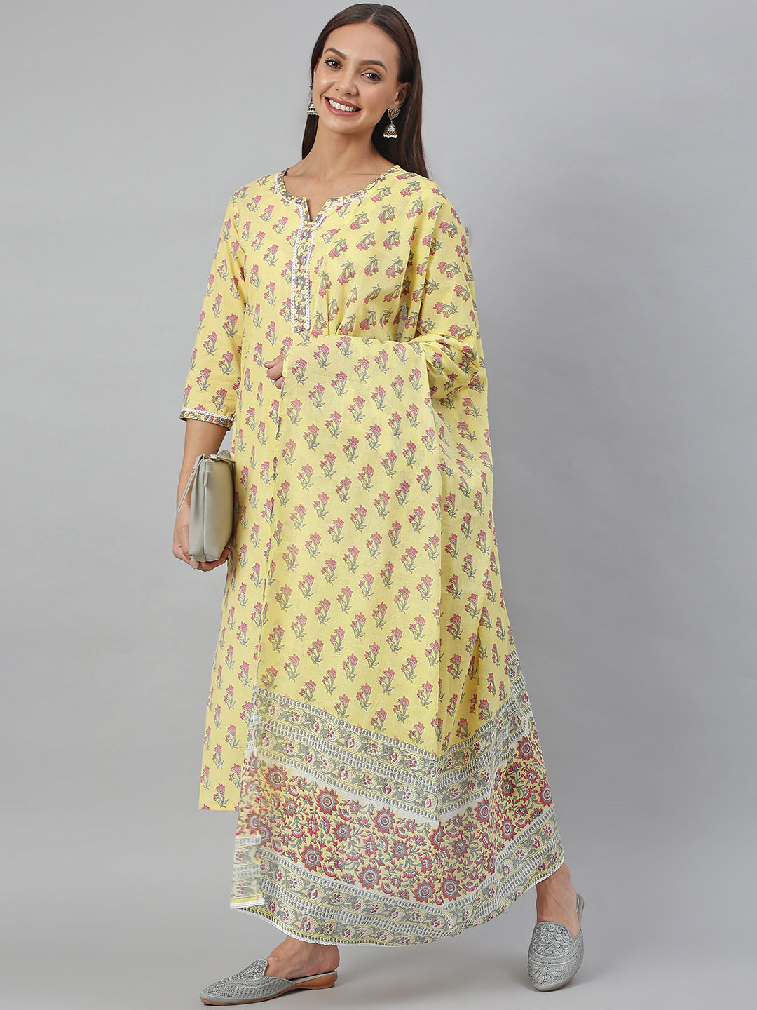Janasya Women's Yellow Cotton Floral Print Kurta With Pant And Dupatta