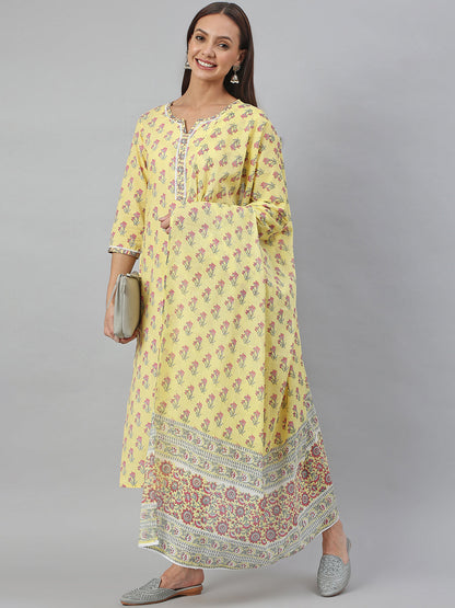 Janasya Women's Yellow Cotton Floral Print Kurta With Pant And Dupatta