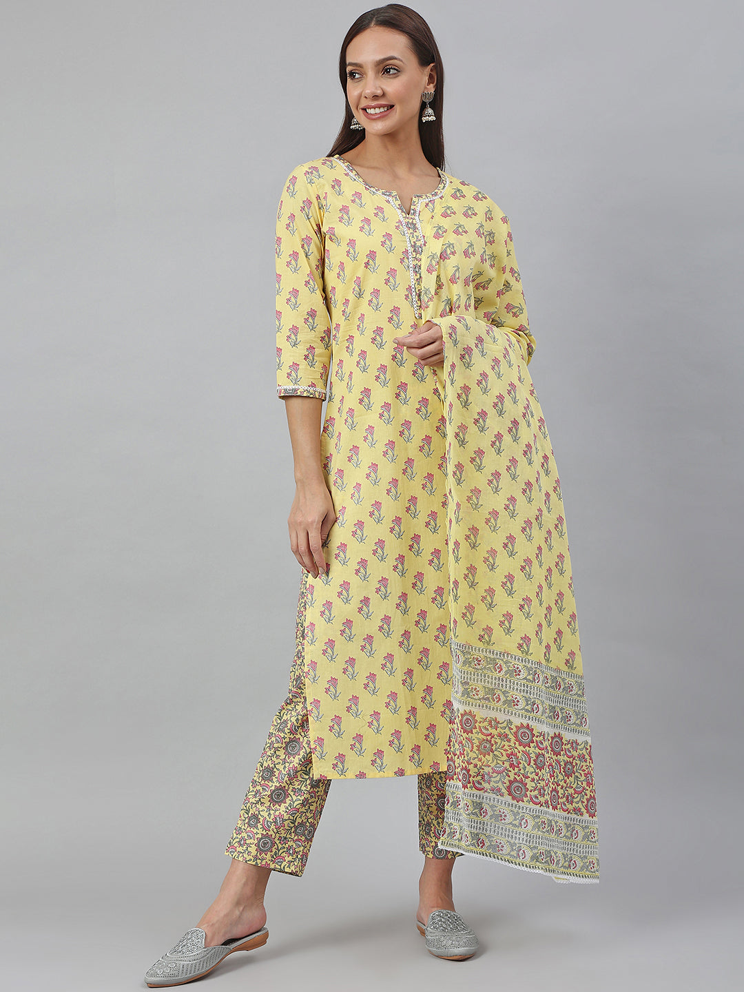 Janasya Women's Yellow Cotton Floral Print Kurta With Pant And Dupatta