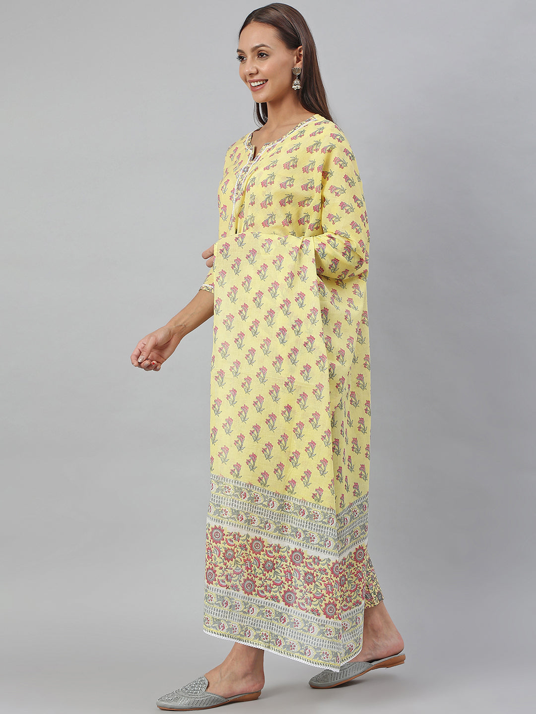 Janasya Women's Yellow Cotton Floral Print Kurta With Pant And Dupatta