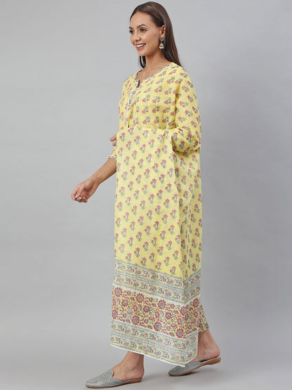 Janasya Women's Yellow Cotton Floral Print Kurta With Pant And Dupatta
