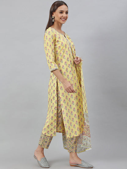 Janasya Women's Yellow Cotton Floral Print Kurta With Pant And Dupatta